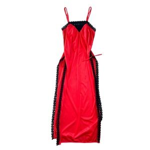 VTG 70s‎ red black lace sexy maxi slip dress lingerie slits bow detail fairy